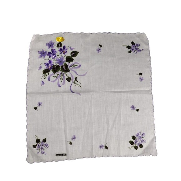 VTG Womens Cotton Handkerchief White Embroidered Purple Iris Scalloped Edge NOS - Picture 1 of 5
